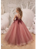 Blush Pink And Maroon Lace Tulle Corset V Back Flower Girl Dress